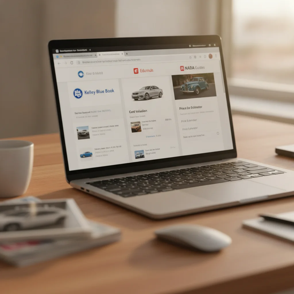 Laptop screen displaying Kelley Blue Book, Edmunds, and NADA valuation websites open in browser tabs