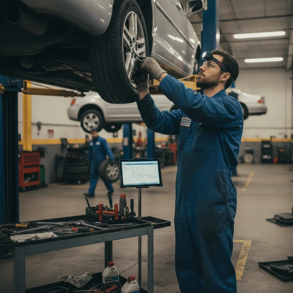 Mechanic performing a pre-purchase vehicle inspection underneath a car on a lift in an automotive shop