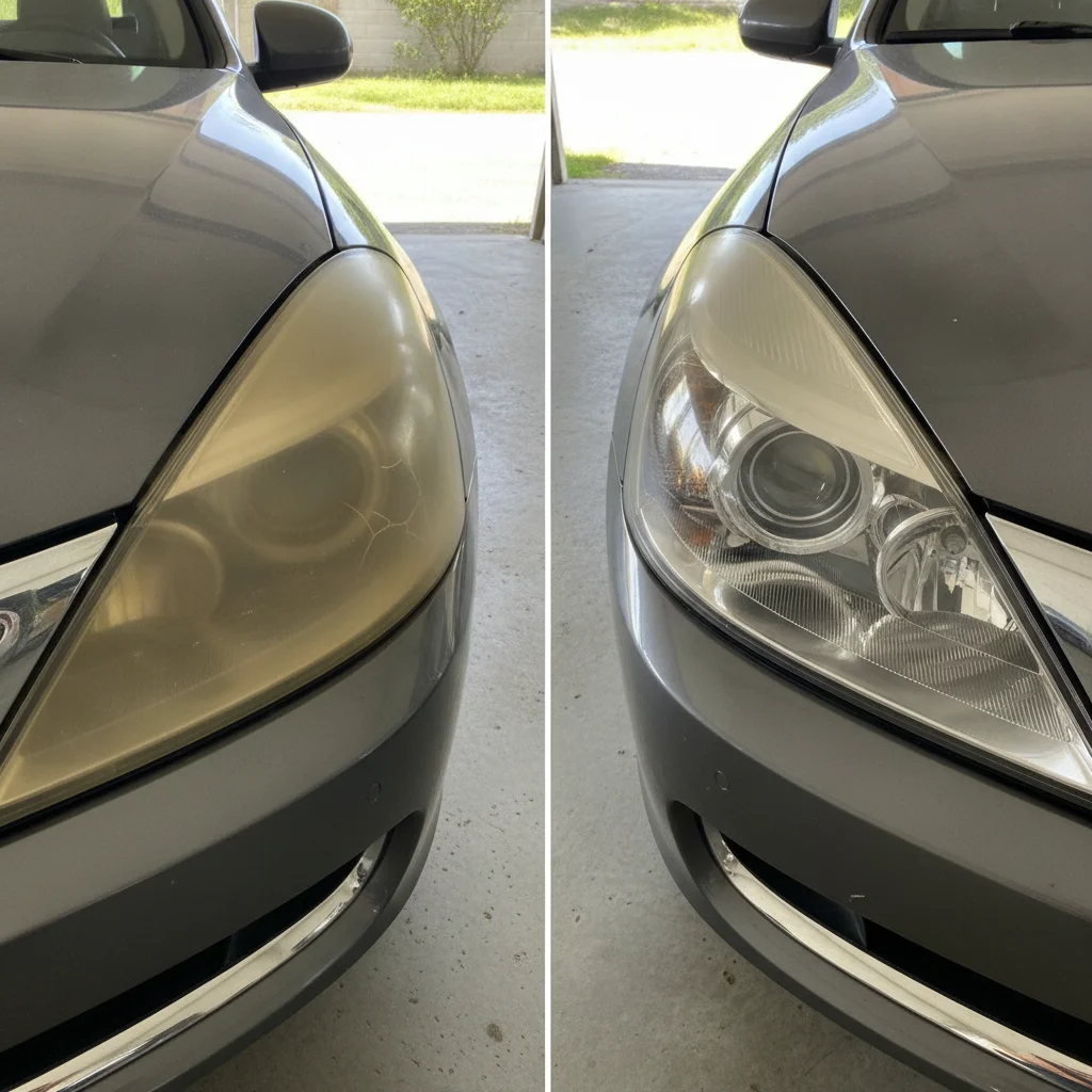 Two headlights side by side showing the dramatic difference between an oxidized yellowed lens and a freshly restored clear one