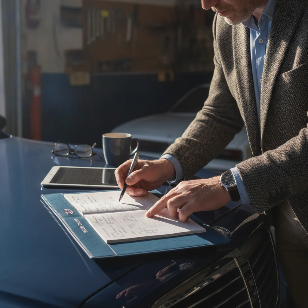A car owner reviewing a maintenance logbook resting on the hood of a car.