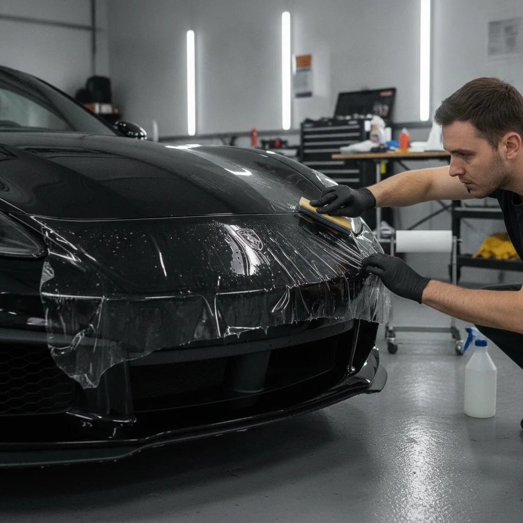 A person carefully applying paint protection film to the hood of a dark car in a garage.