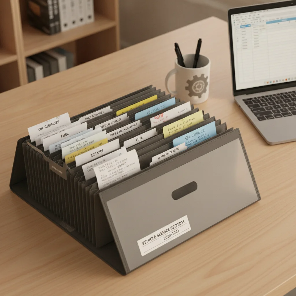 Organized folder of vehicle service receipts and maintenance records on a desk next to a laptop.