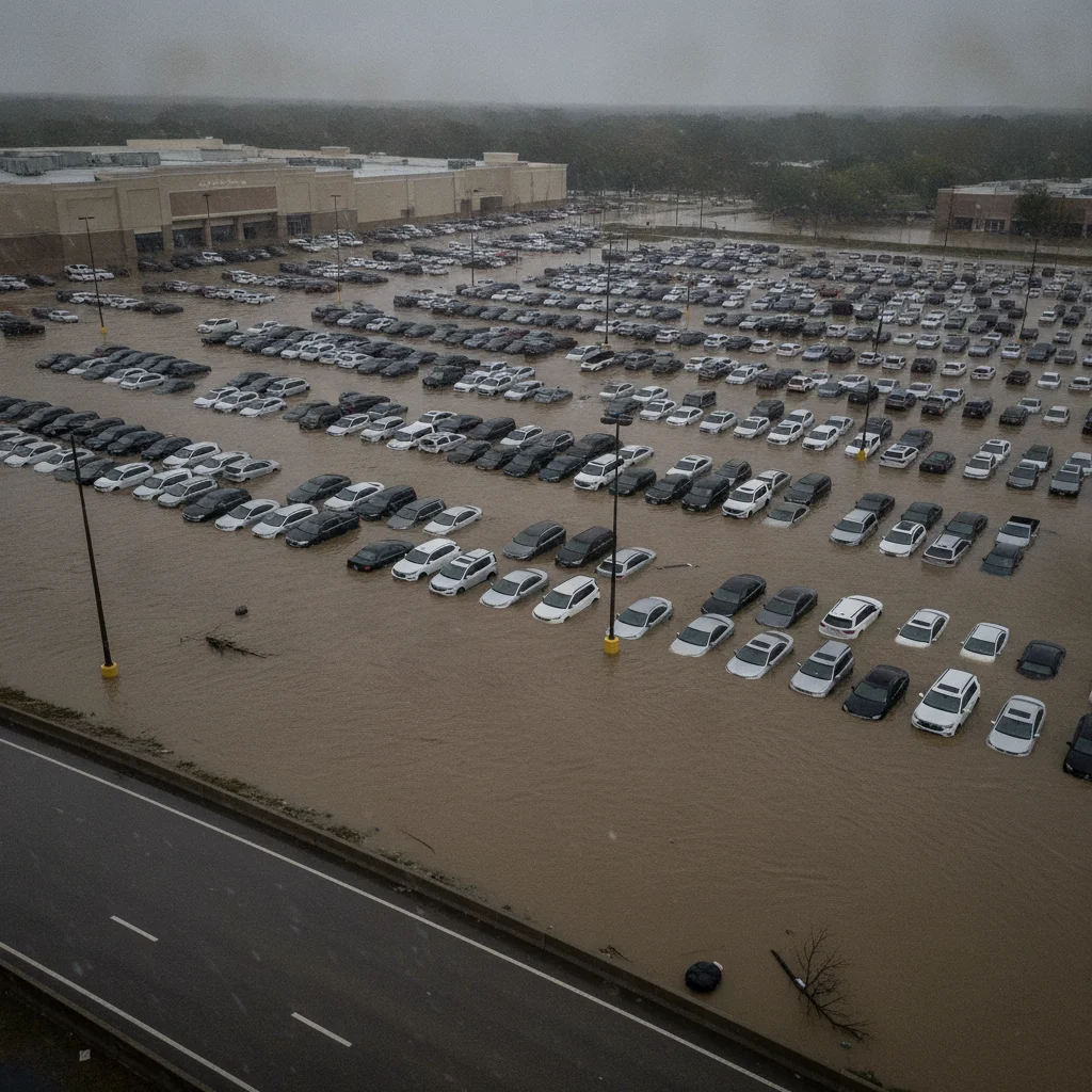 Flooded parking lot with dozens of submerged cars in murky brown floodwater up to door handle level