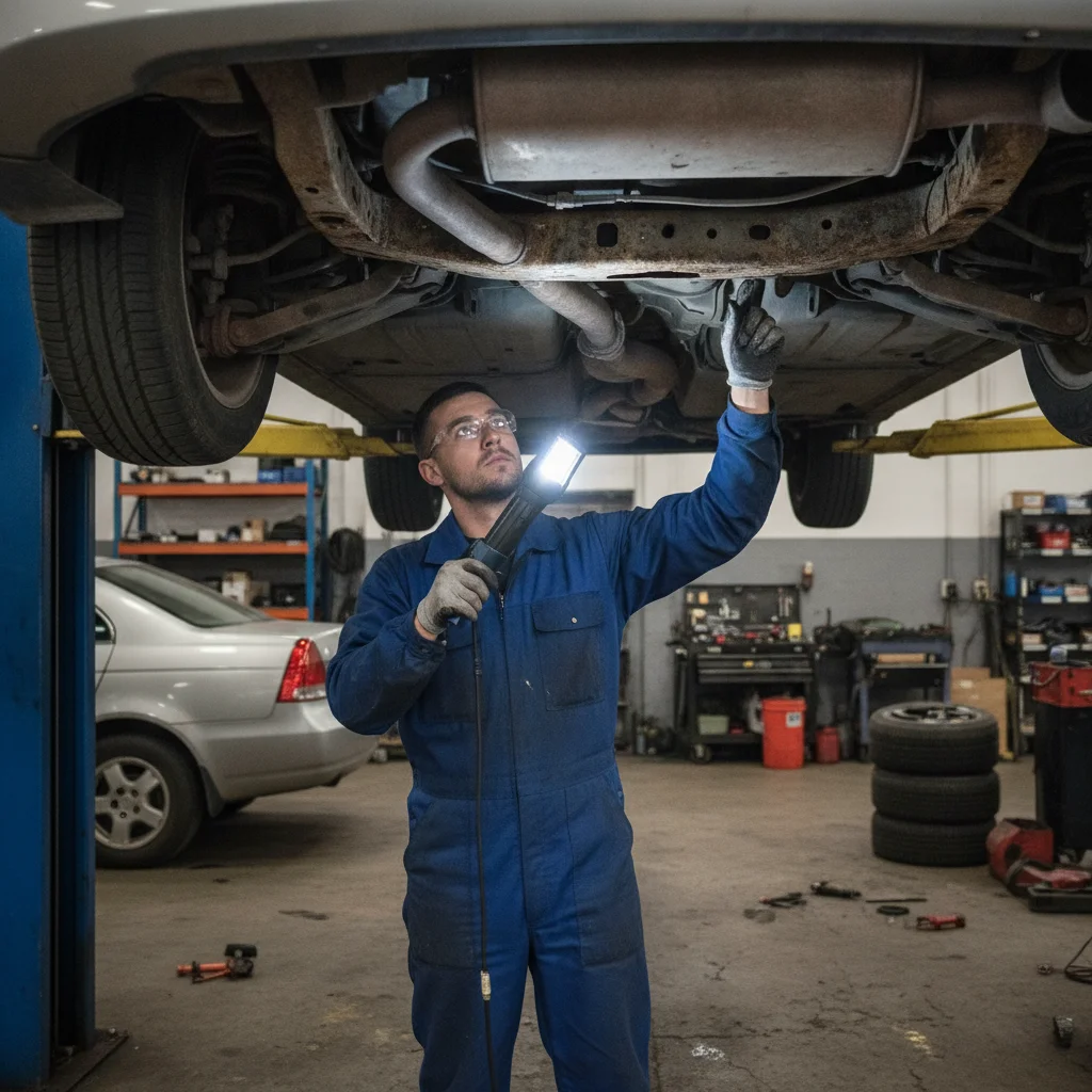 Mechanic using flashlight to inspect corroded frame rails and brake lines on a car lifted in a repair shop