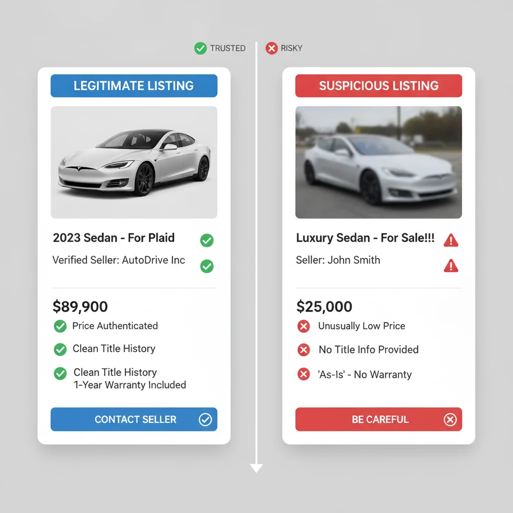 Side-by-side comparison of a legitimate and suspicious online car listing with visual warning indicators