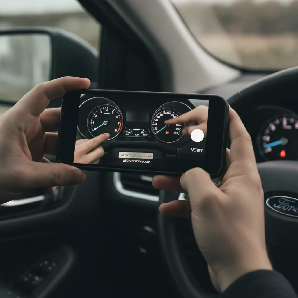 Person on a live video call verifying a car's VIN plate and dashboard during a remote purchase inspection