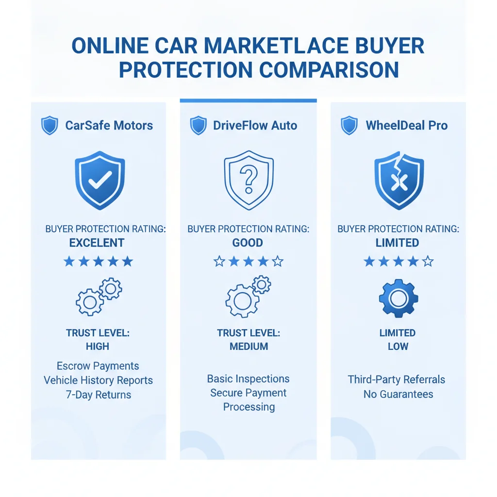 Infographic comparing buyer protection features across three major online car buying platforms