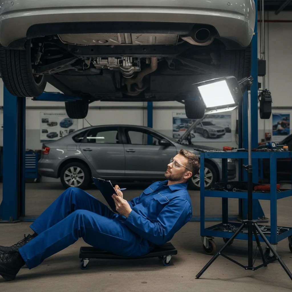 Mechanic conducting a third-party pre-purchase inspection on a used vehicle raised on a lift