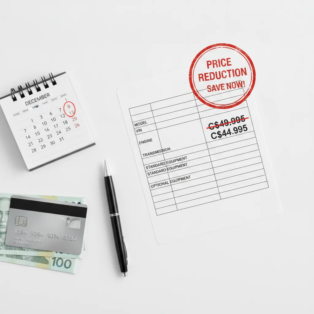 A car window sticker showing a price reduction stamp next to a calendar marked at month end