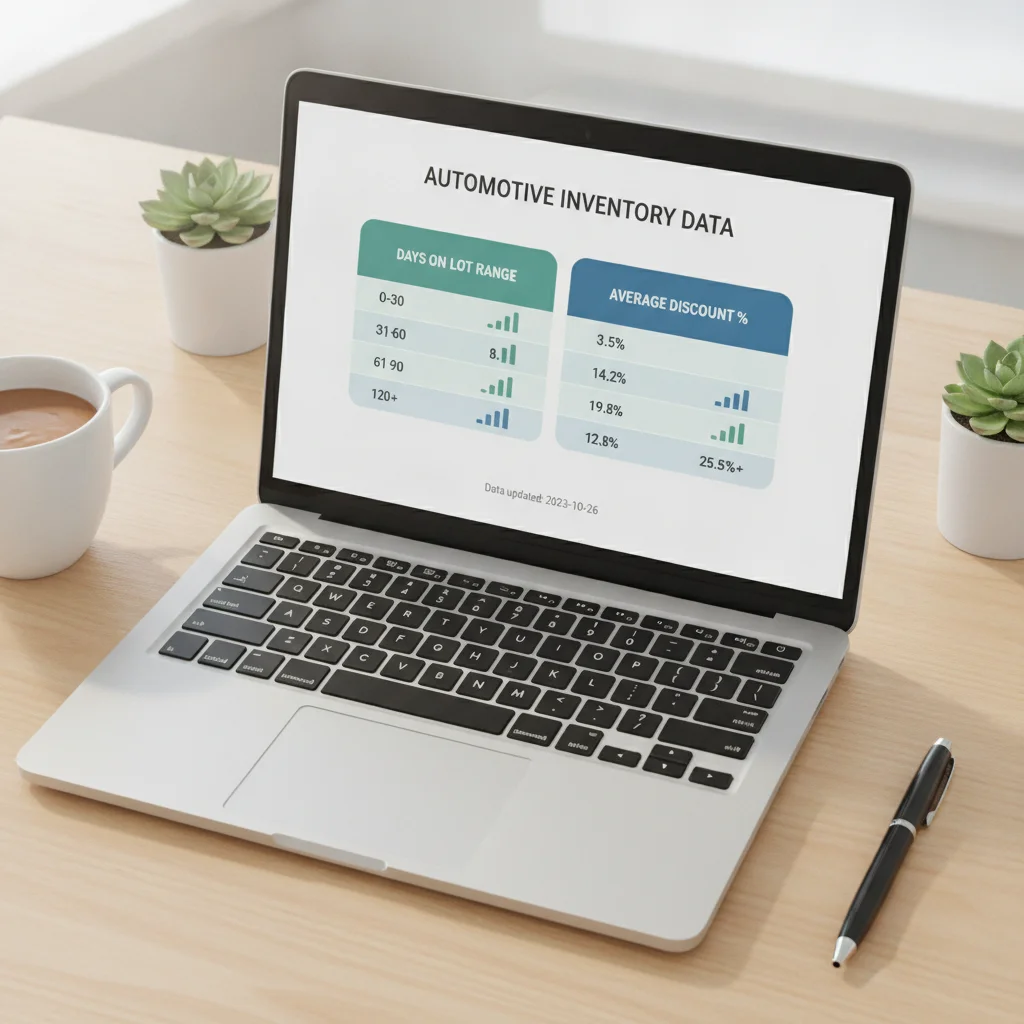 A laptop screen displaying a data table of vehicle days on lot ranges and corresponding discount percentages