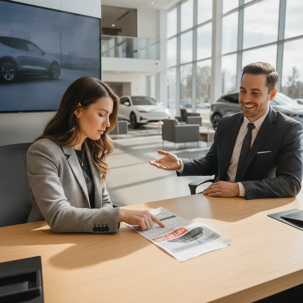 A car buyer pointing to printed vehicle listing data during a negotiation at a dealership desk