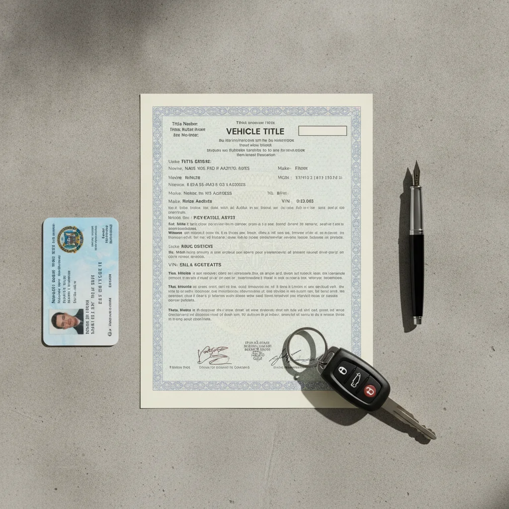 Vehicle title document, pen, car keys, and driver's license arranged on a gray surface