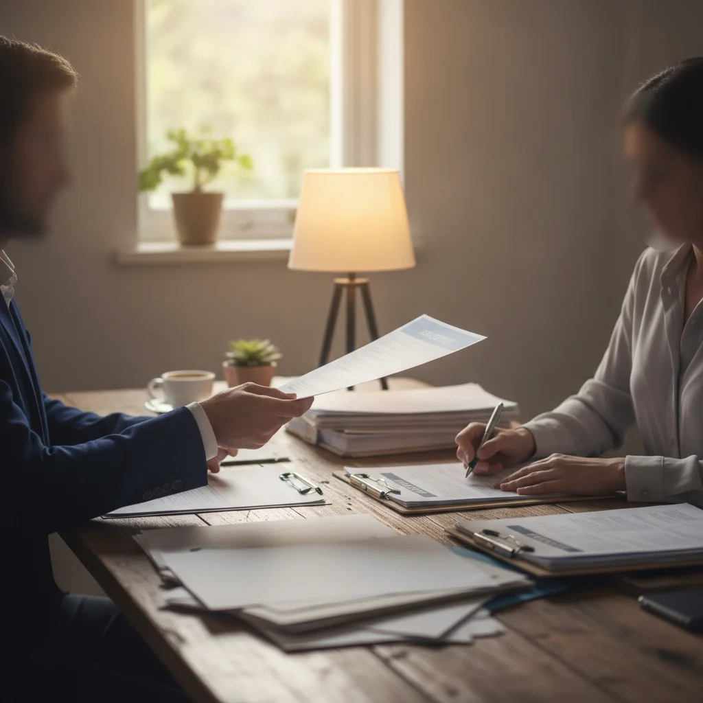 Two people reviewing and exchanging signed documents at a wooden table during a private sale