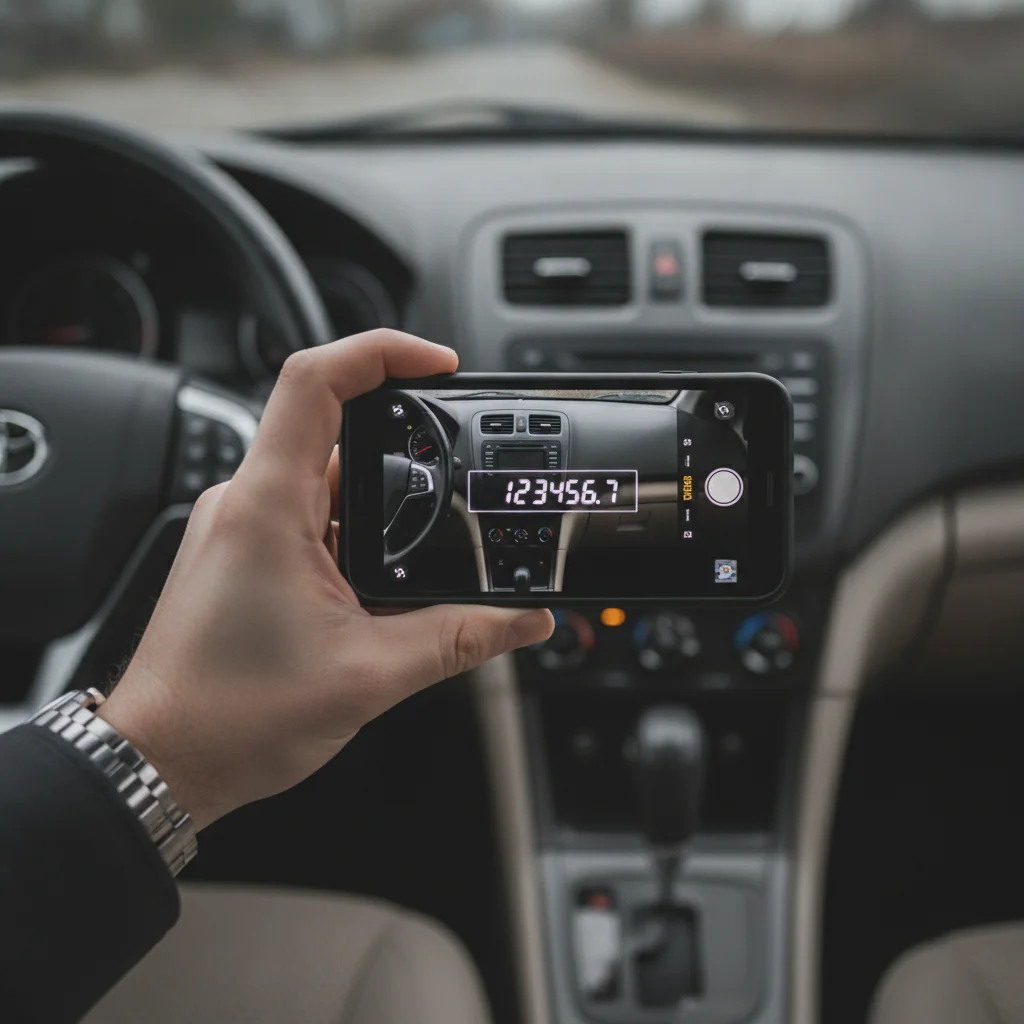A hand holding a smartphone to photograph a car's odometer reading inside the vehicle