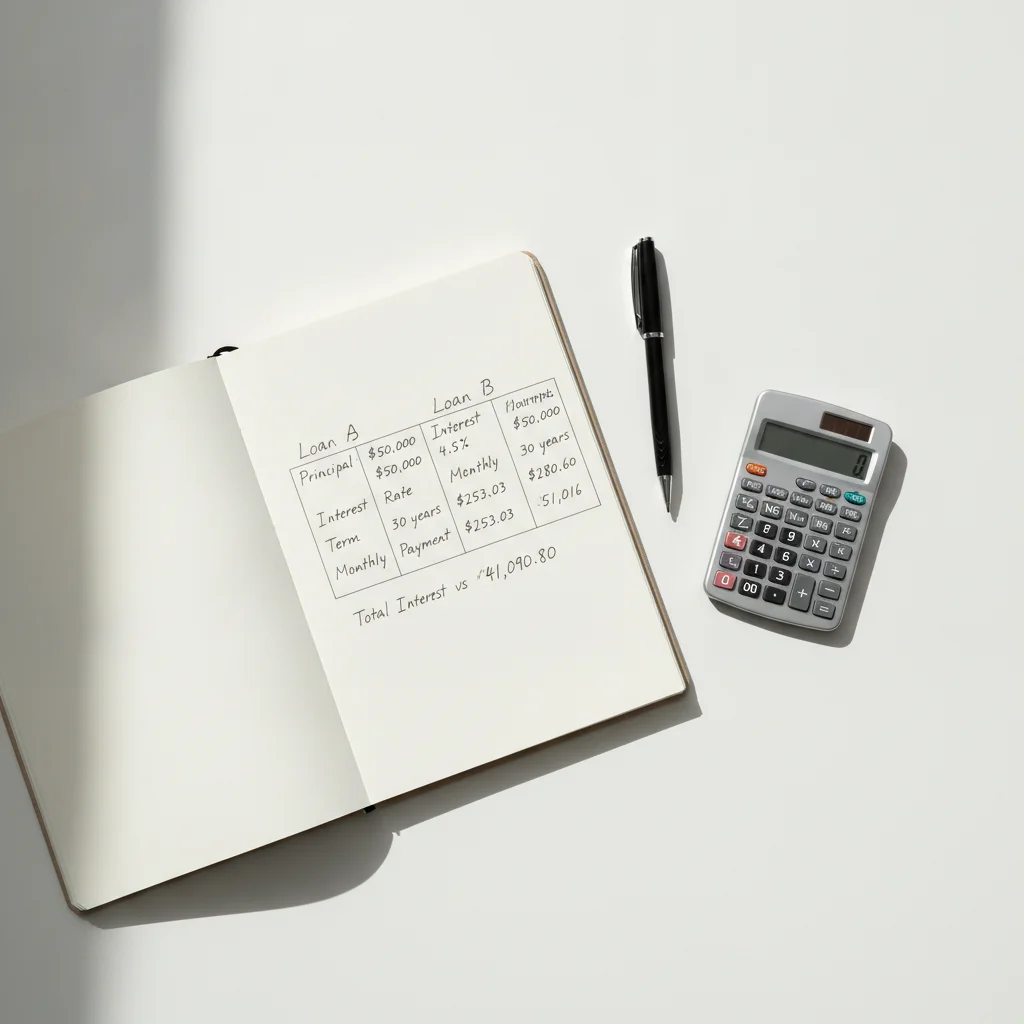 Notebook with handwritten loan comparison figures next to a calculator and pen on a desk