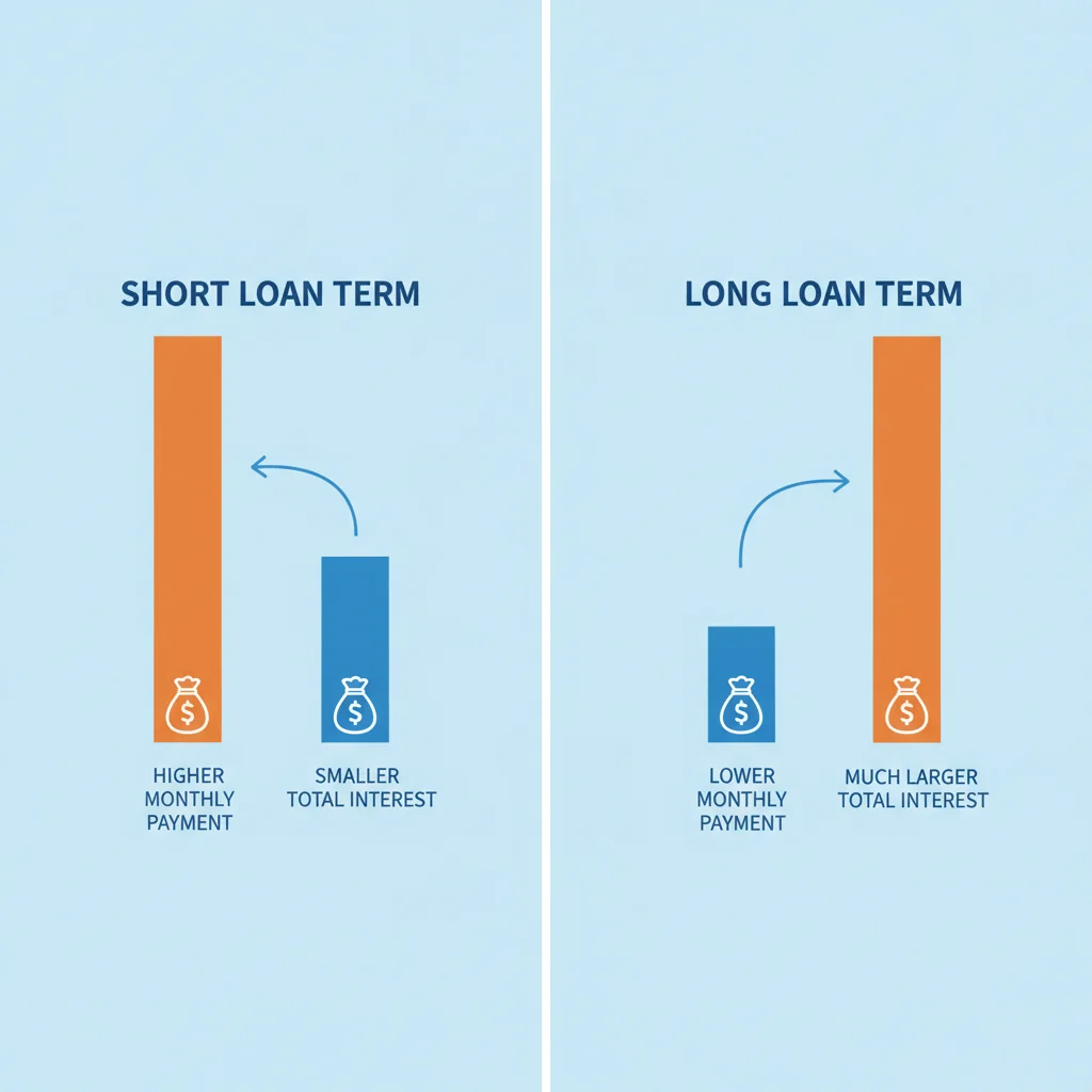 Side-by-side comparison chart showing short vs long loan term monthly payment and total interest trade-offs