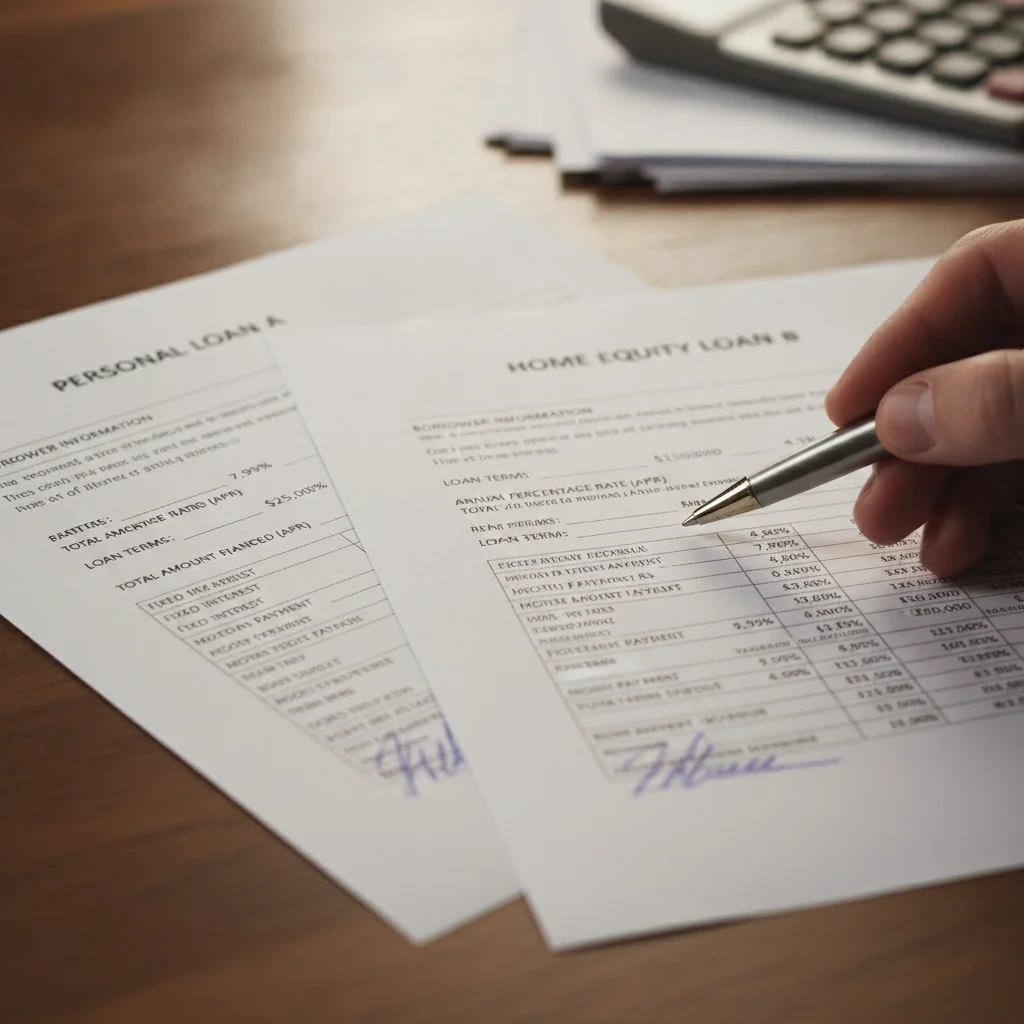 Two loan offer documents side by side with a pen pointing to key APR and total financed figures