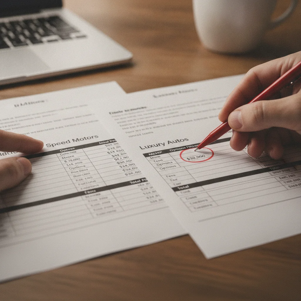 Two printed dealer quote emails on a desk with the lower price circled in red pen