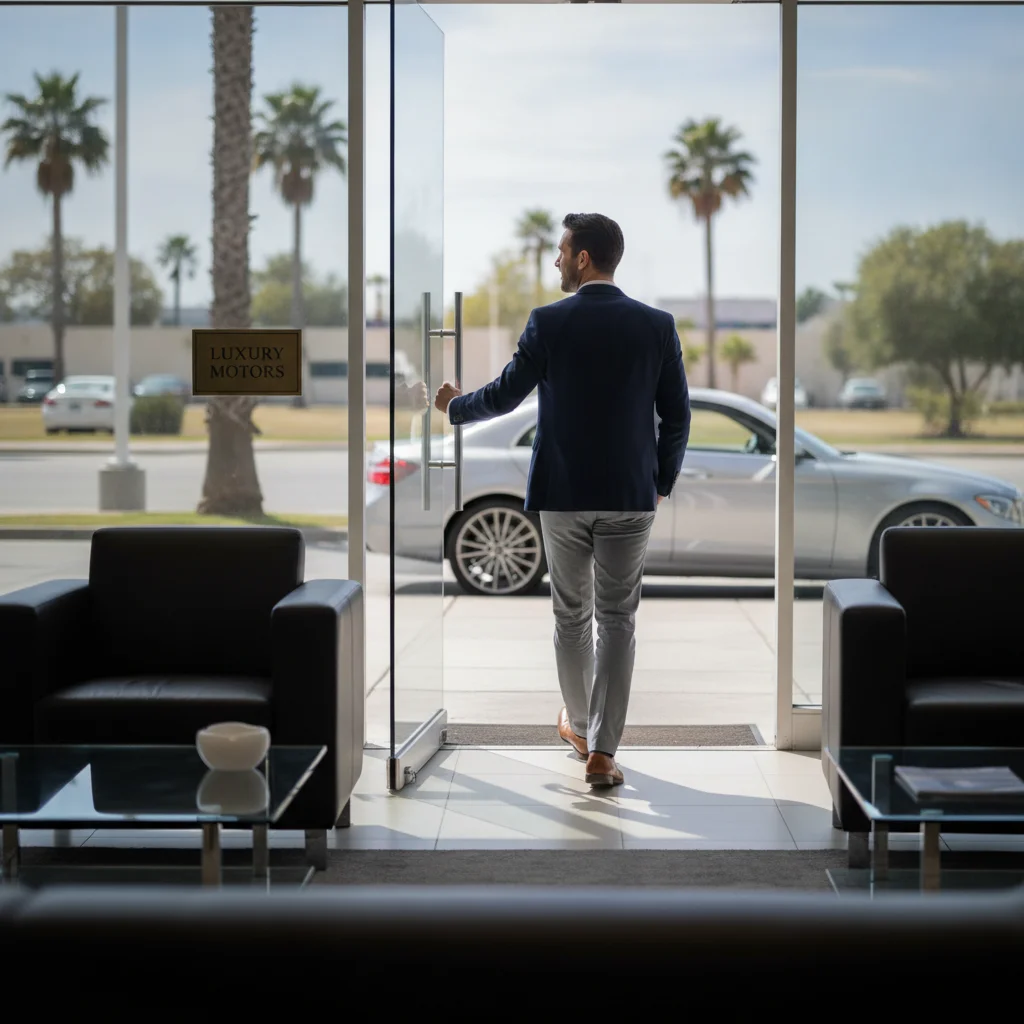Person walking away from a car dealership showroom through glass entrance doors