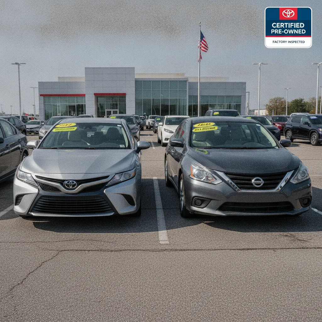 Two used cars on a dealership lot, one with a manufacturer CPO badge and one with a dealer sticker