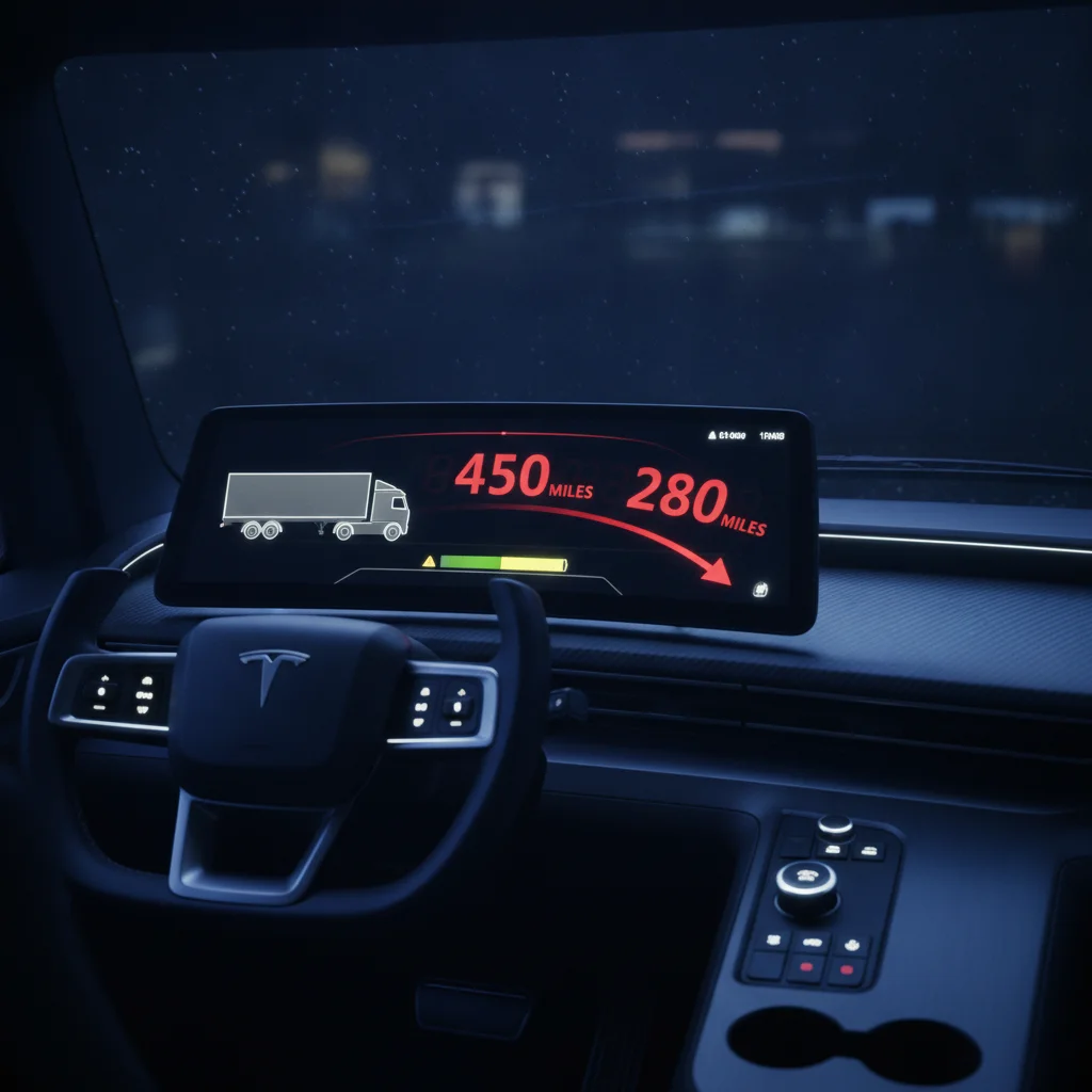 Electric truck dashboard displaying sharply reduced range estimate with trailer connected
