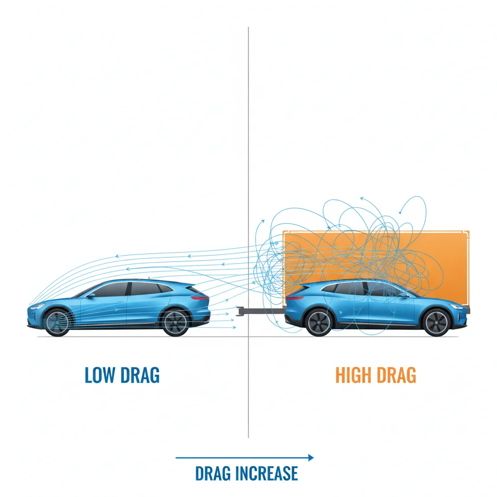 Aerodynamic drag comparison diagram showing EV alone versus EV towing a boxy trailer with airflow lines