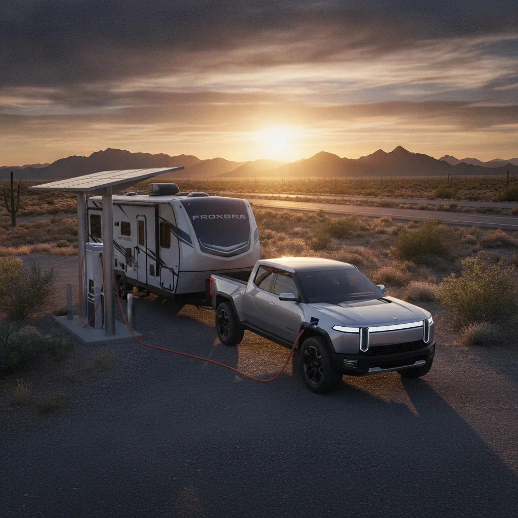 Electric pickup truck with trailer attached charging at a DC fast-charging station on a highway trip
