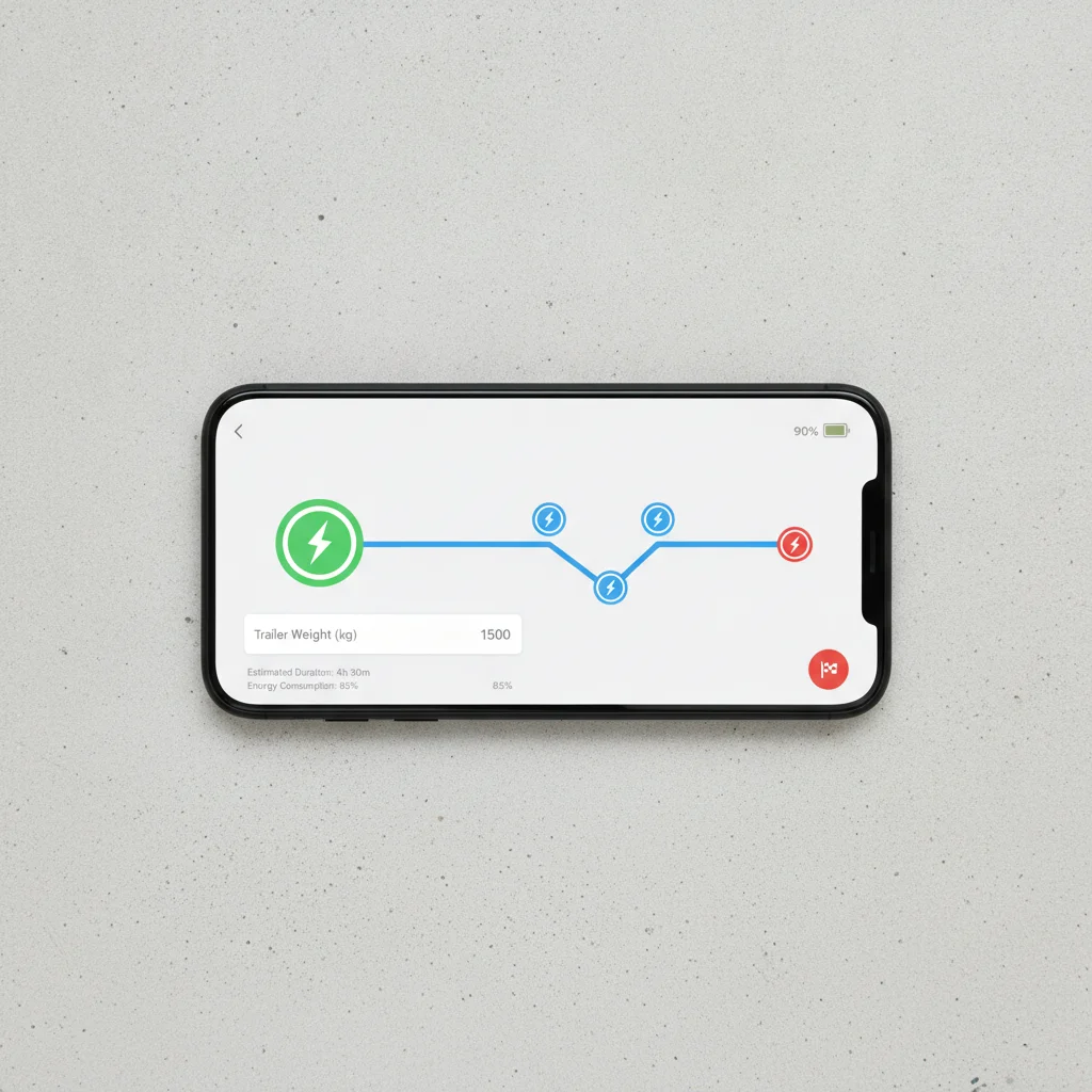 Smartphone displaying EV route planning app with multiple charging stops mapped along a towing route