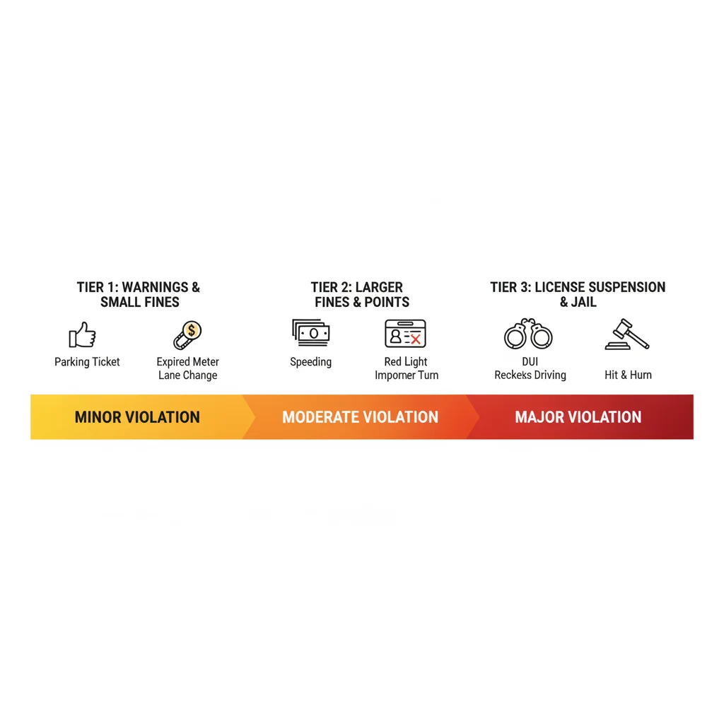 Diagram showing traffic violation severity tiers from minor speeding to DUI with color-coded risk levels