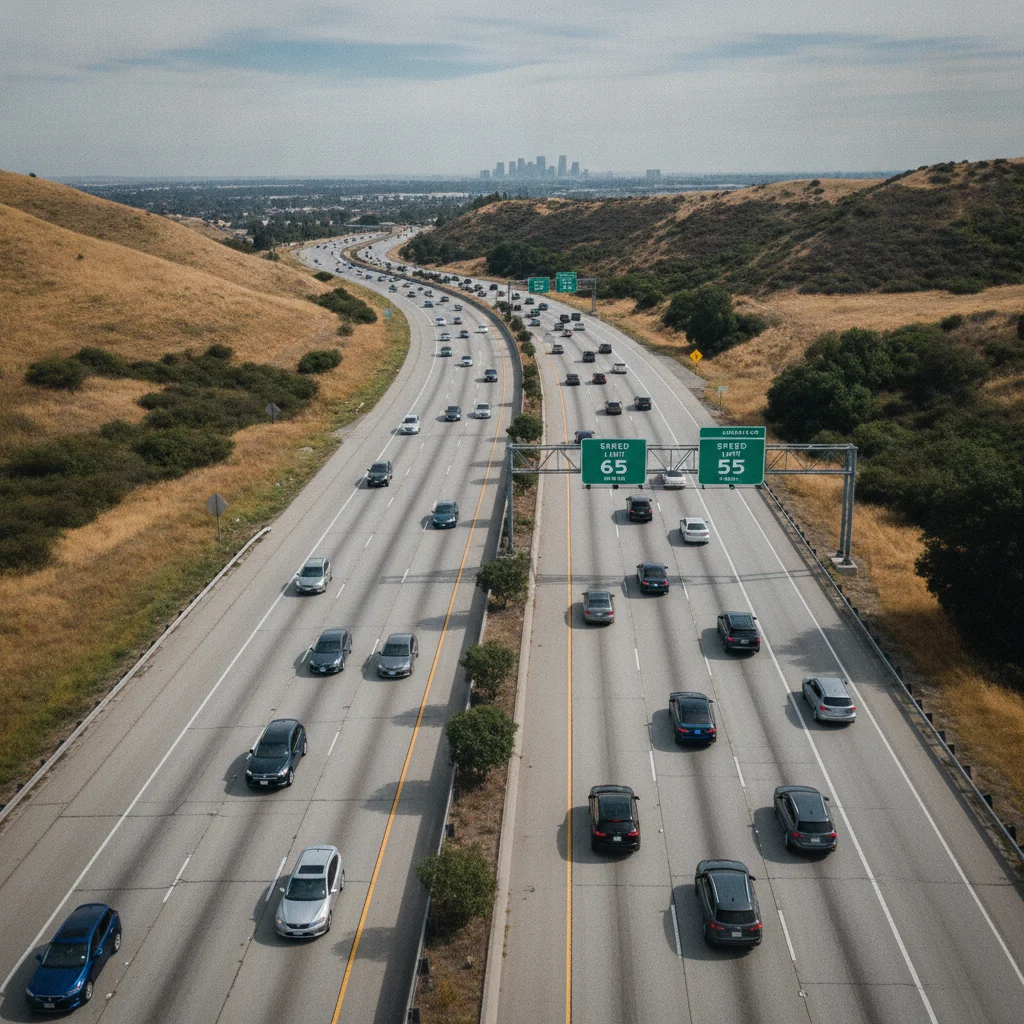Aerial view of a busy multi-lane highway with speed limit signs and cars in traffic