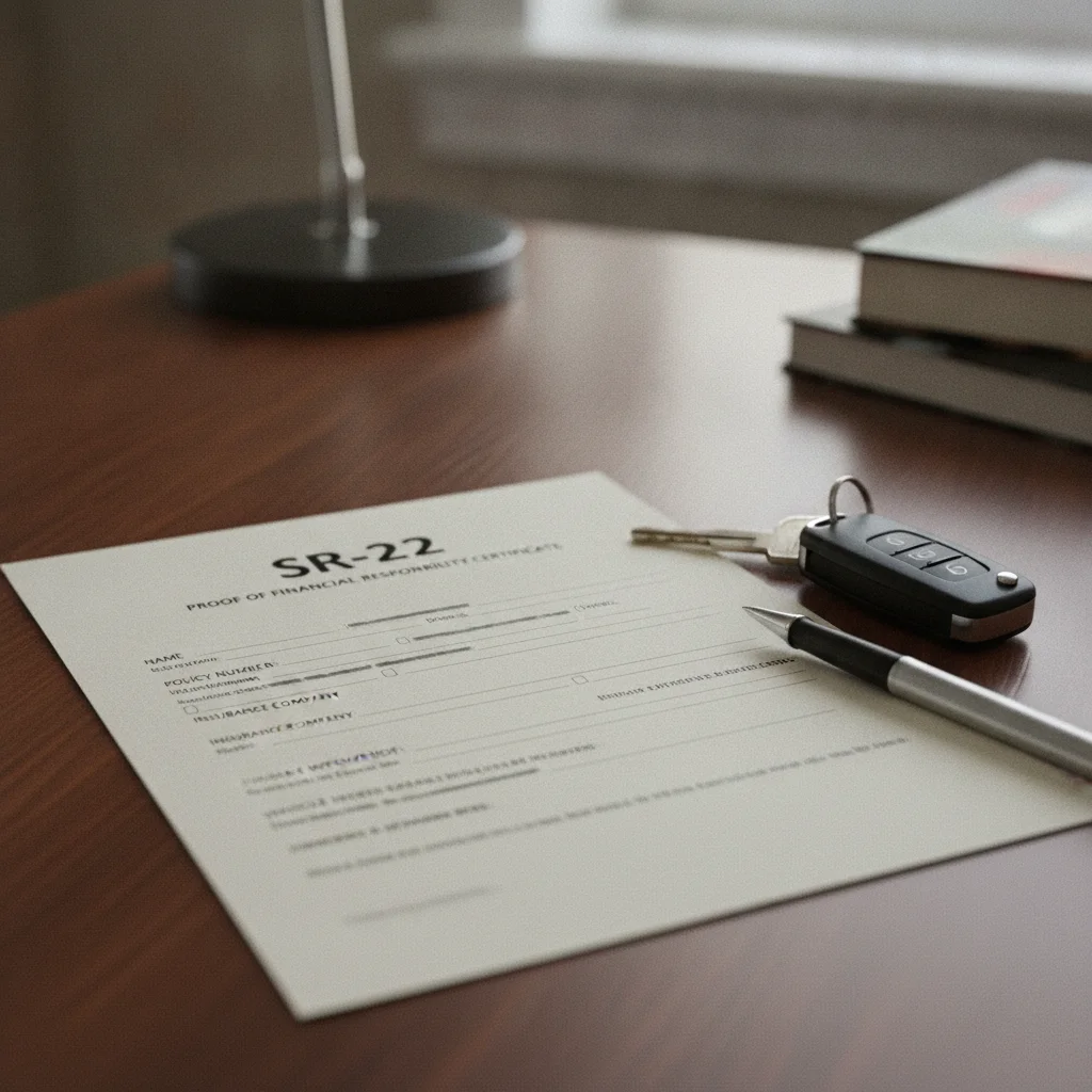 SR-22 certificate document on a desk beside car keys, representing high-risk insurance filing requirements