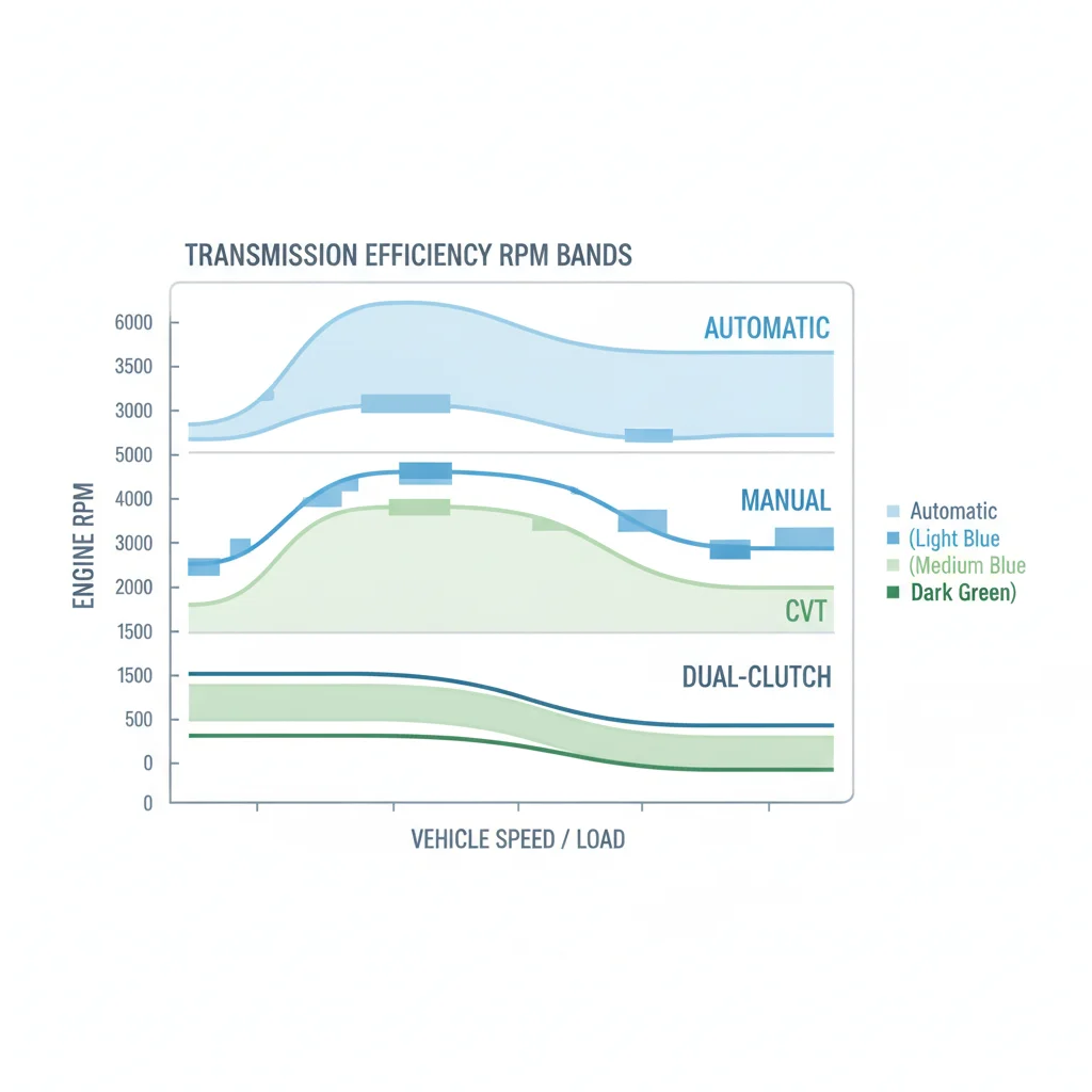 Infographic showing engine RPM efficiency bands for automatic, manual, CVT, and dual-clutch transmissions