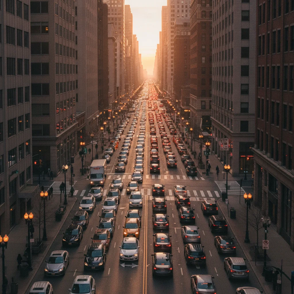 Overhead view of congested city traffic at a red light during morning commute
