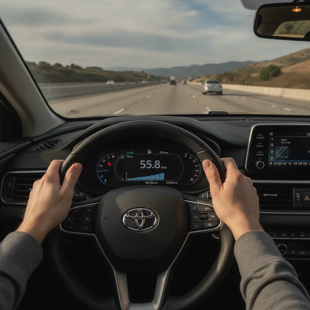 Car dashboard showing live fuel economy readout on digital display during highway driving