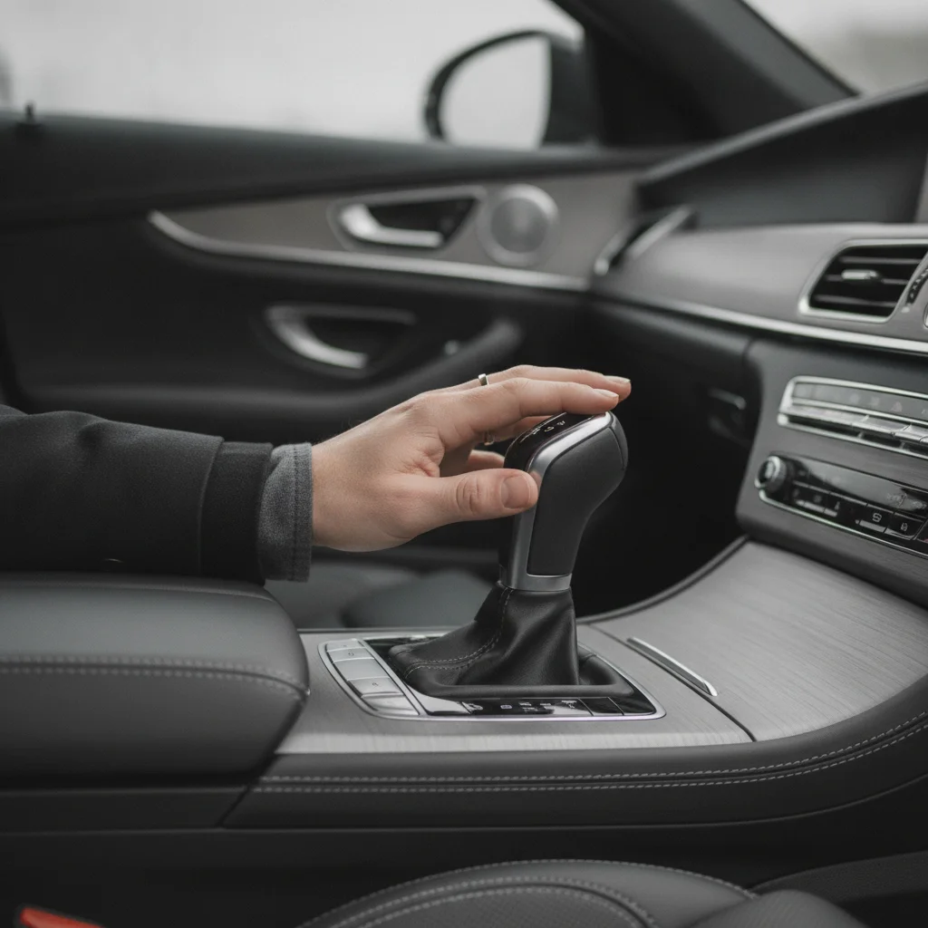 Driver's hand resting on automatic gear selector in a modern vehicle interior