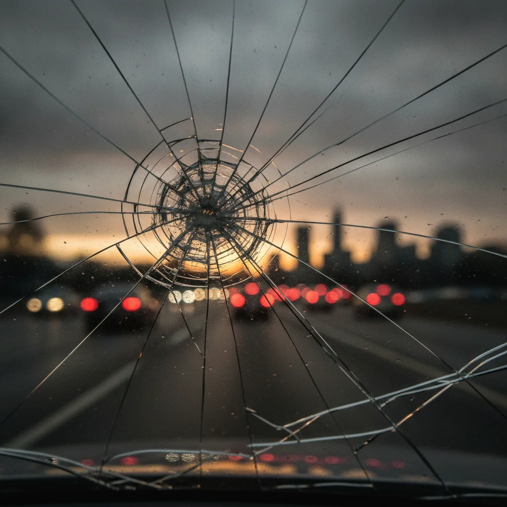 Close-up of a cracked car windshield after a collision, blurred traffic visible in the background at dusk.