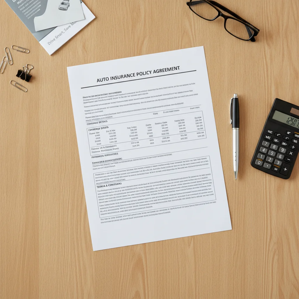 Auto insurance policy document, pen, and calculator arranged on a wooden desk for policy review.