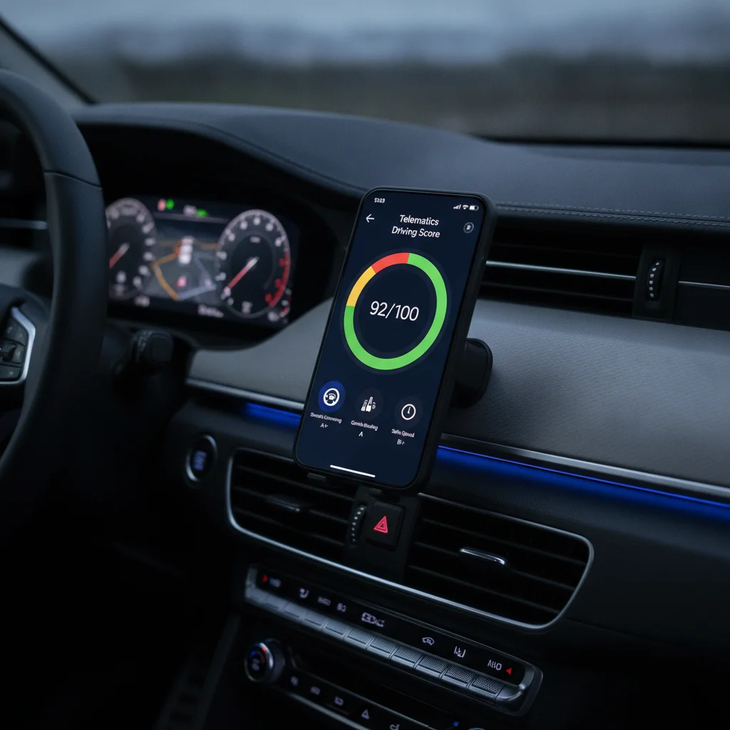 Smartphone mounted on a car dashboard displaying a real-time telematics driving score gauge.