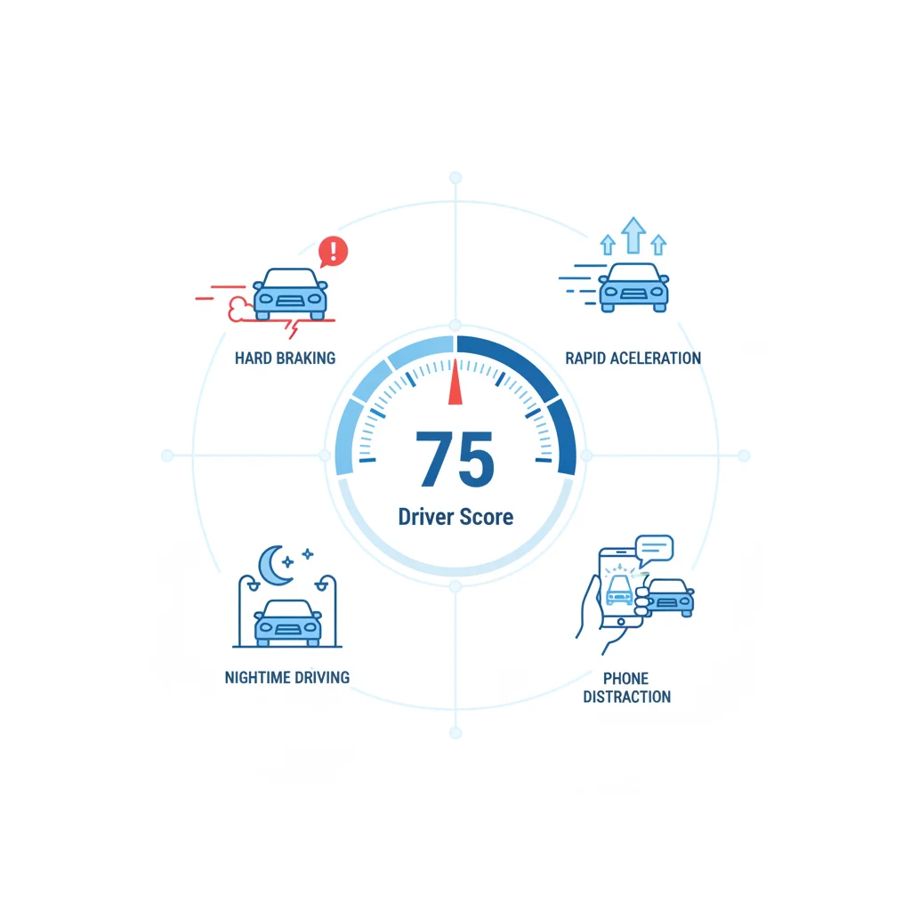 Infographic icons showing the four key telematics scoring factors: braking, acceleration, phone use, and nighttime driving.