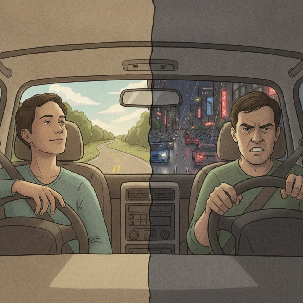 Split illustration contrasting a low-mileage daytime suburban driver with a high-mileage urban nighttime commuter.