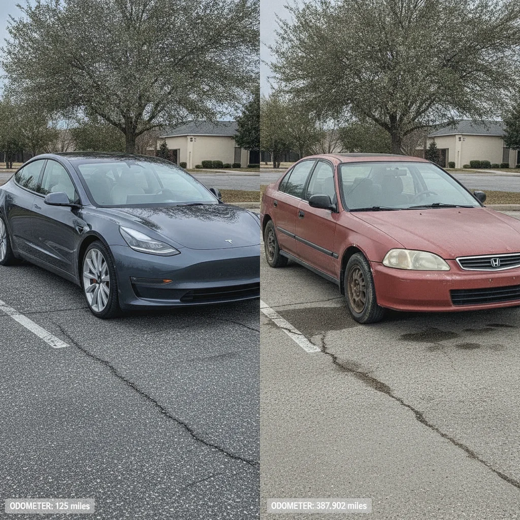 Two cars side by side showing contrast between a newer low-mileage vehicle and an older high-mileage vehicle