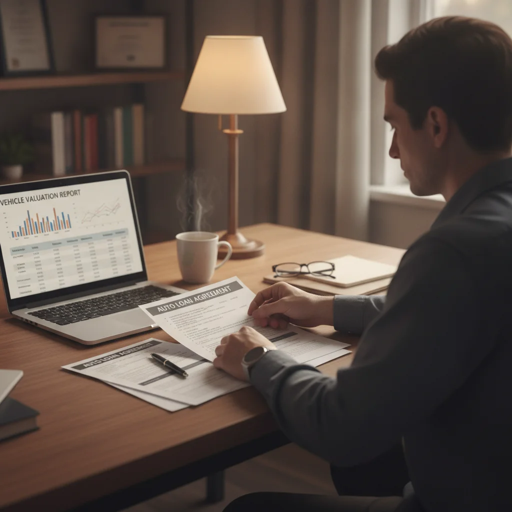 Person reviewing auto loan documents and vehicle valuation data on a laptop at a desk
