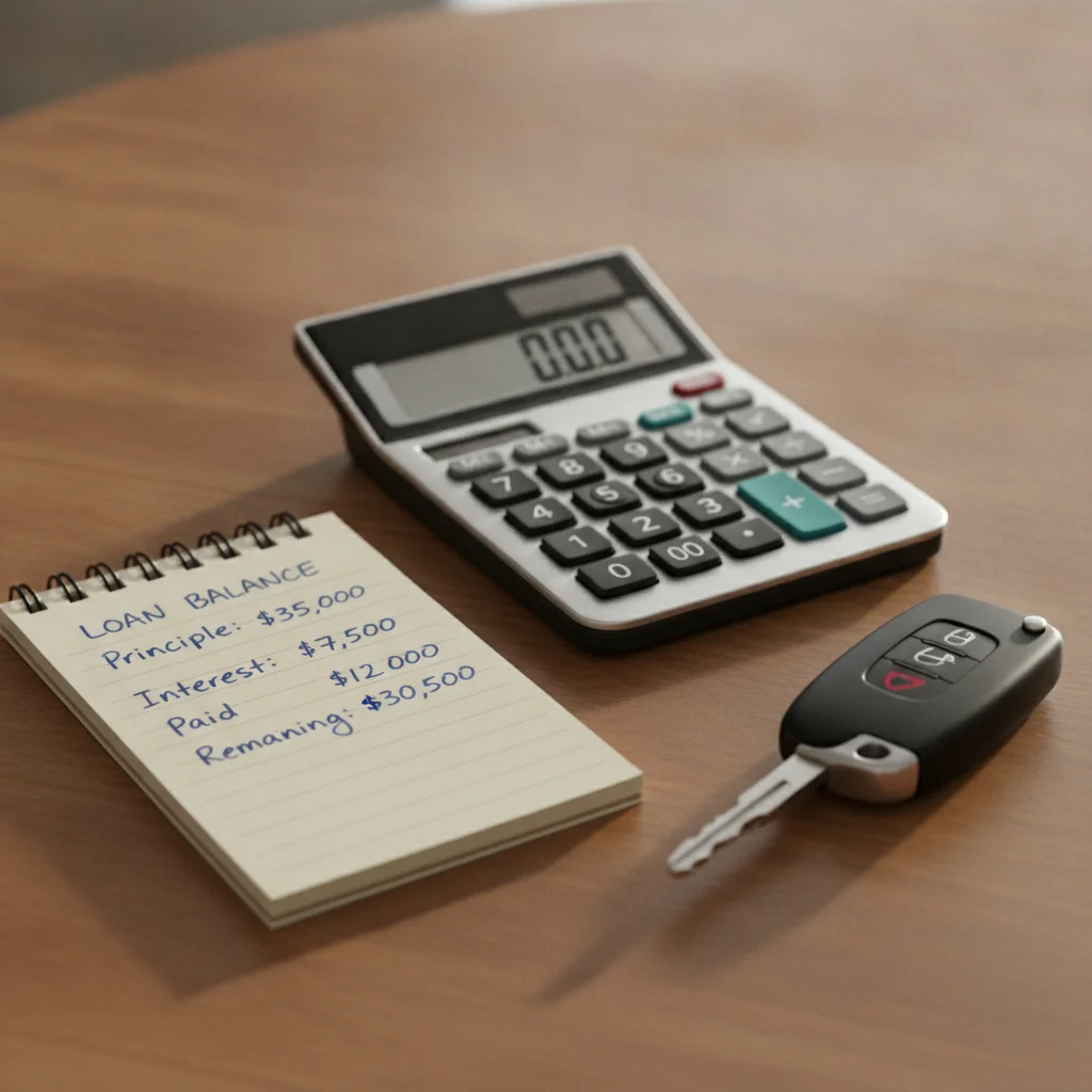 Calculator, notepad with loan figures, and car key on a table representing auto loan financial planning