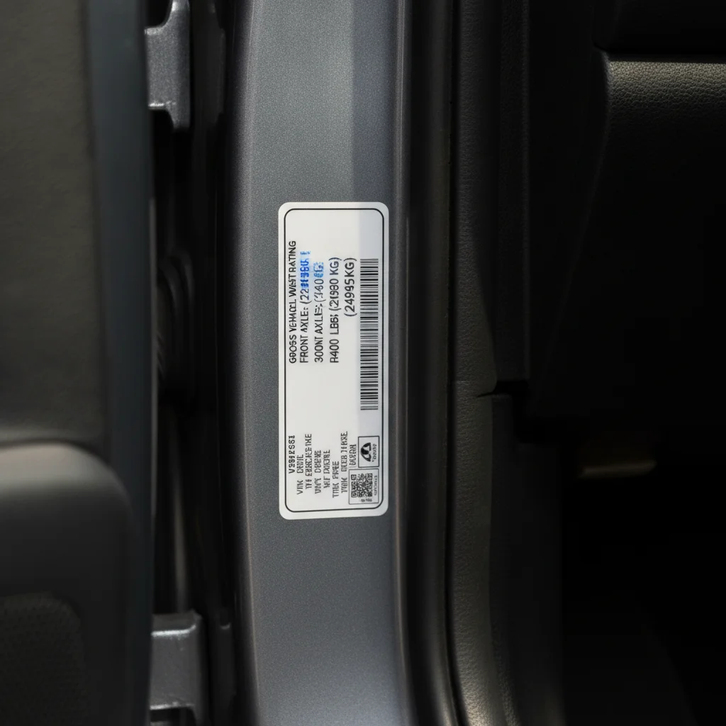 Close-up of a vehicle door jamb sticker displaying GVWR and weight rating information