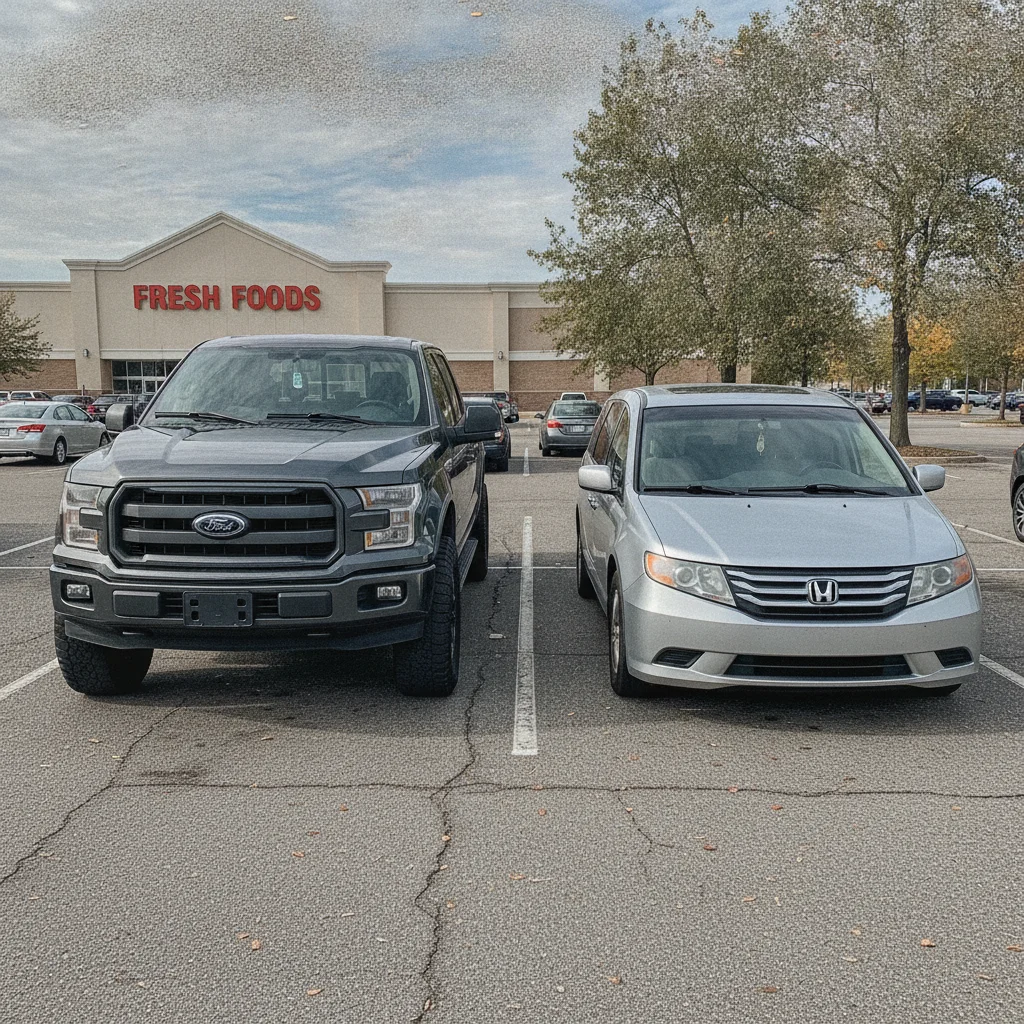 A full-size pickup truck and a minivan parked side by side showing their relative size and weight difference