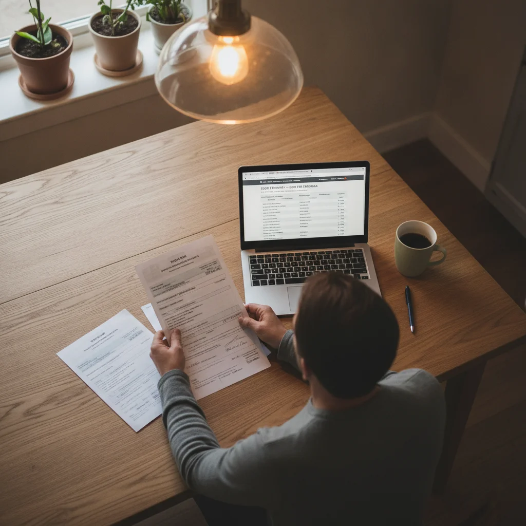 Vehicle registration paperwork and a DMV fee schedule on a laptop being reviewed at a home desk