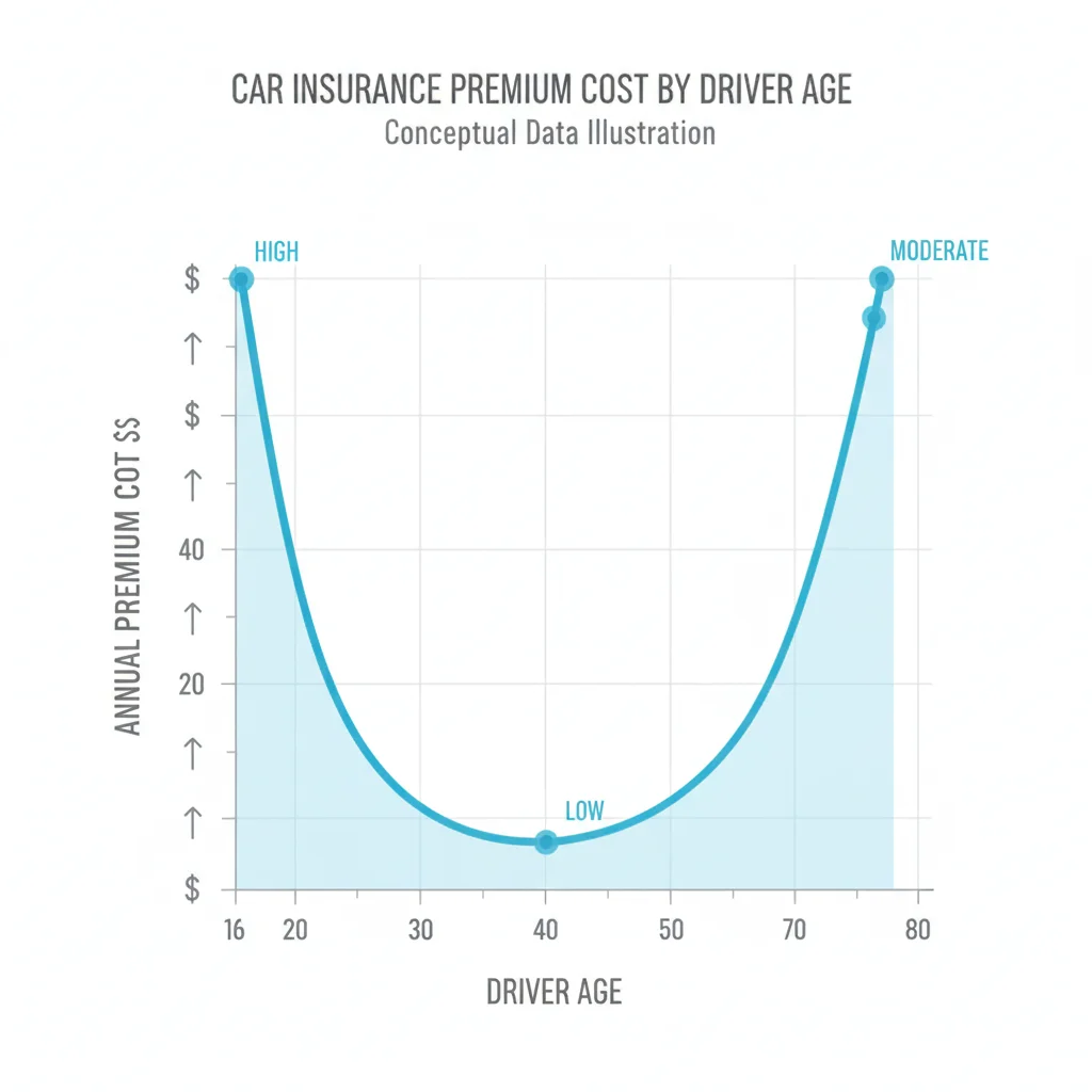 U-shaped graph showing auto insurance premiums by driver age, highest for teens and seniors, lowest in middle age