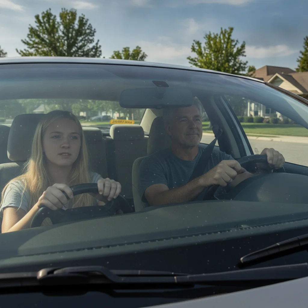 Teenage driver practicing driving skills with an adult supervisor in a suburban neighborhood during daylight
