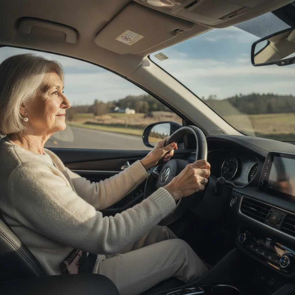 Senior driver in their 70s driving a modern sedan on a quiet road with afternoon sunlight