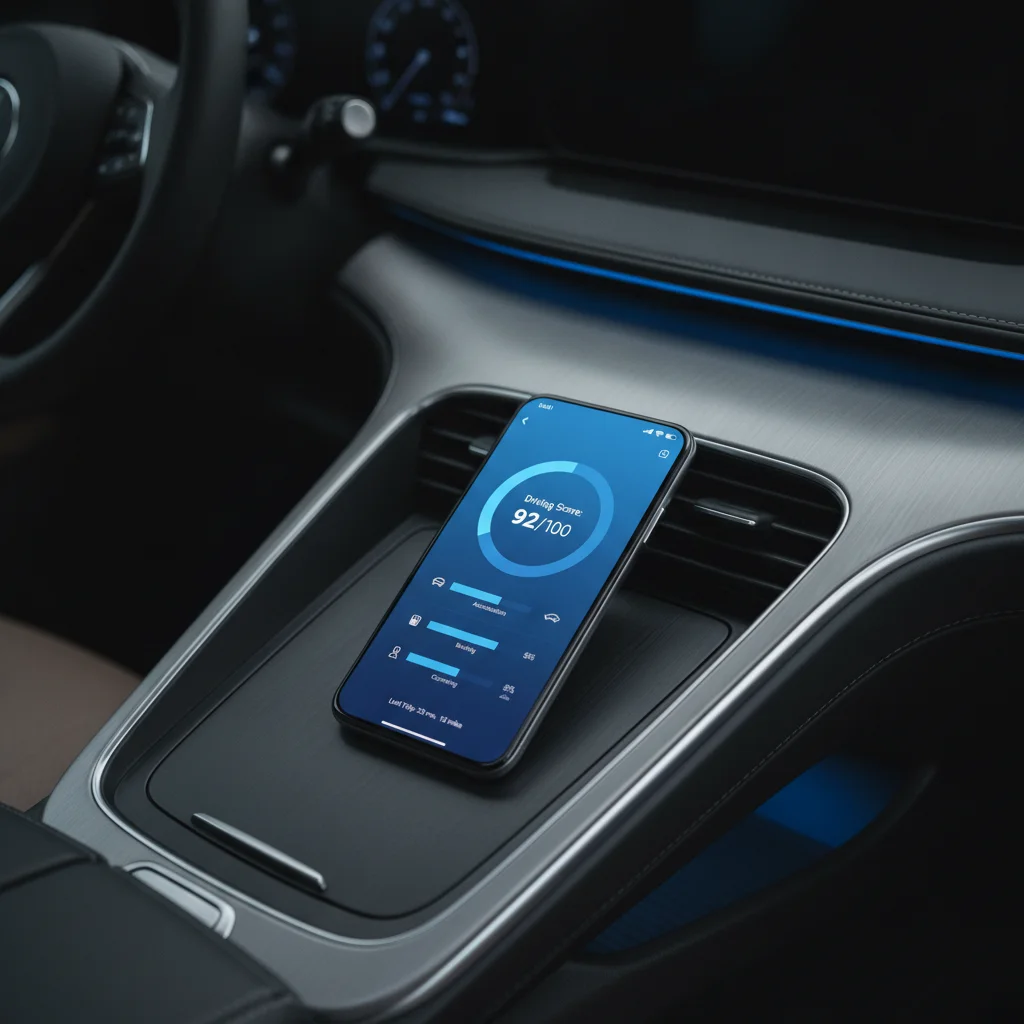 Smartphone showing a telematics driving score app mounted on a car dashboard with metric indicators